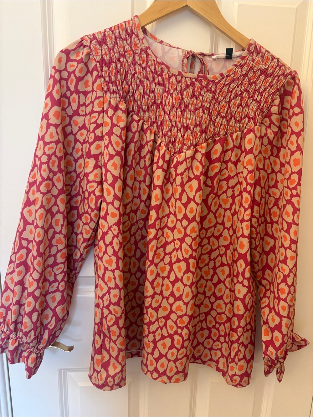 Smocked Yoke Long-Sleeve Blouse in Pink & Orange